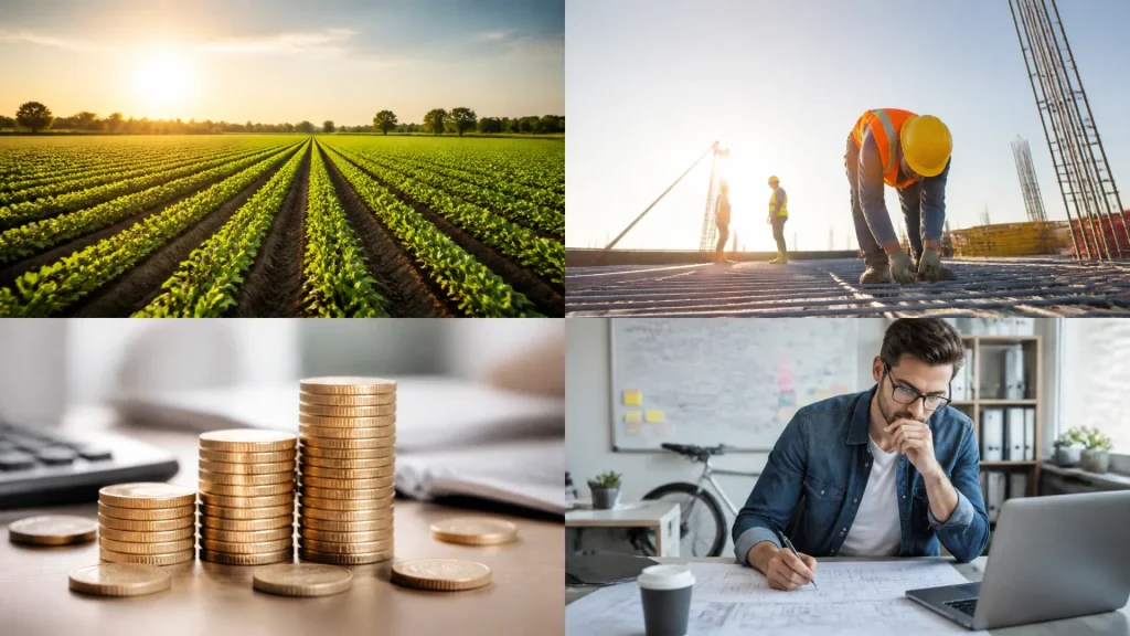 Les quatre ressources clés en économie : terre, travail, capital et entrepreneuriat sans aucun texte