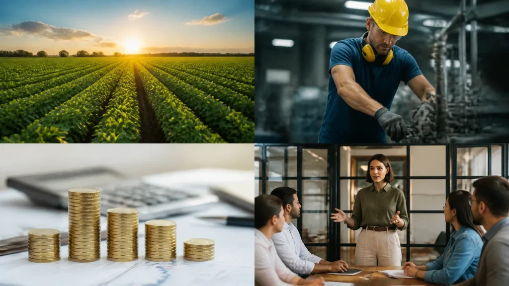 Les quatre ressources clés en économie : terre, travail, capital et entrepreneuriat sans aucun texte